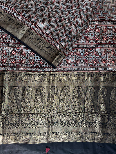 PRACHI:Handblock Ajrakh Dola Silk Saree with Meenakari Pallu