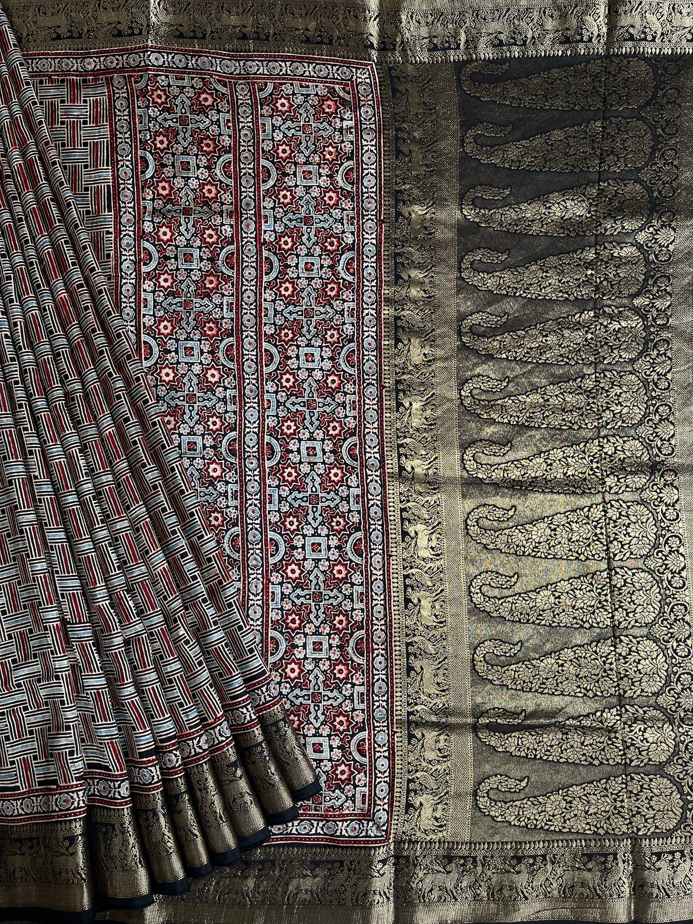 PRACHI:Handblock Ajrakh Dola Silk Saree with Meenakari Pallu