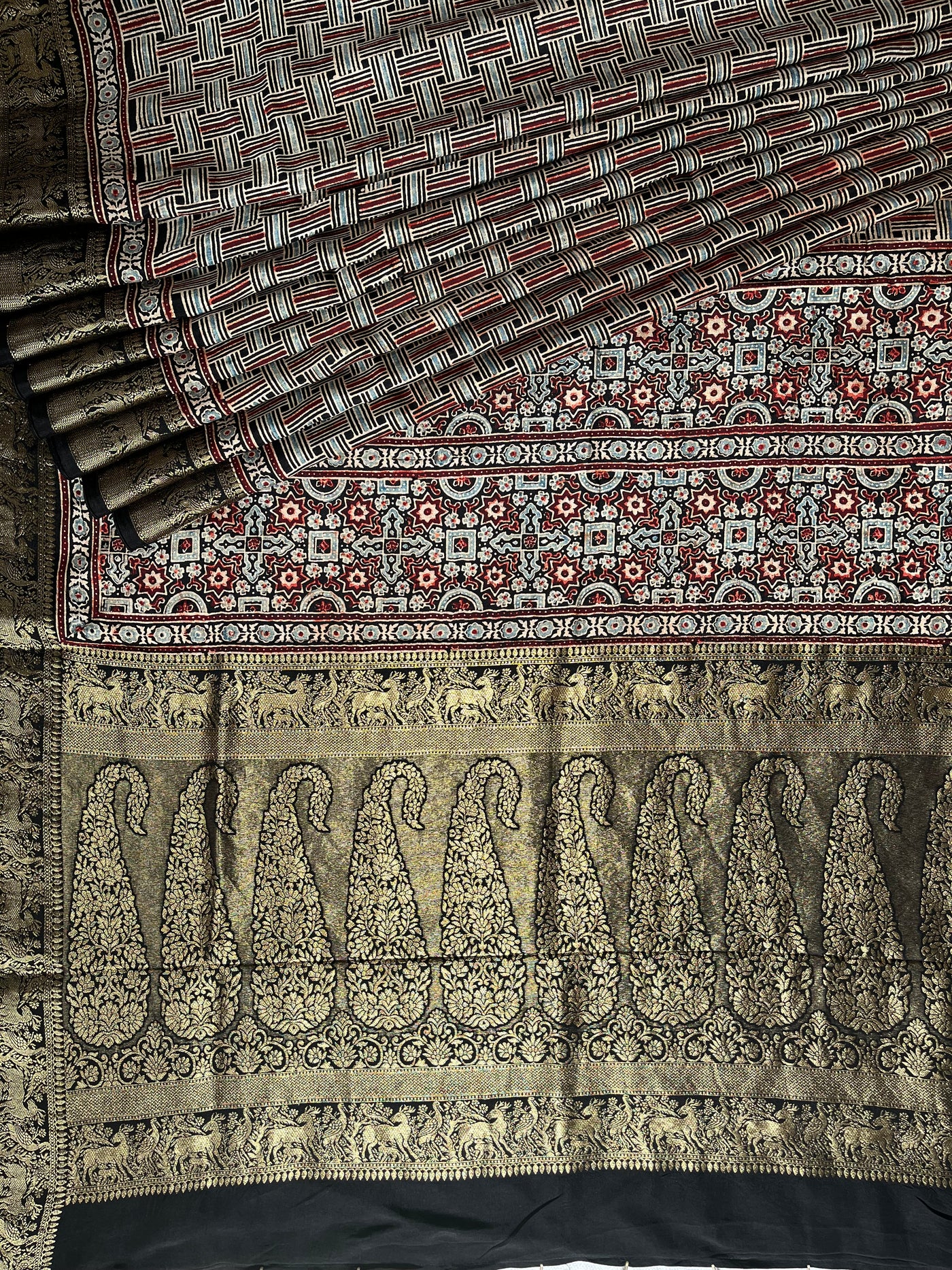 PRACHI:Handblock Ajrakh Dola Silk Saree with Meenakari Pallu