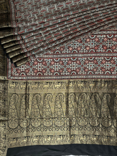 PRACHI:Handblock Ajrakh Dola Silk Saree with Meenakari Pallu