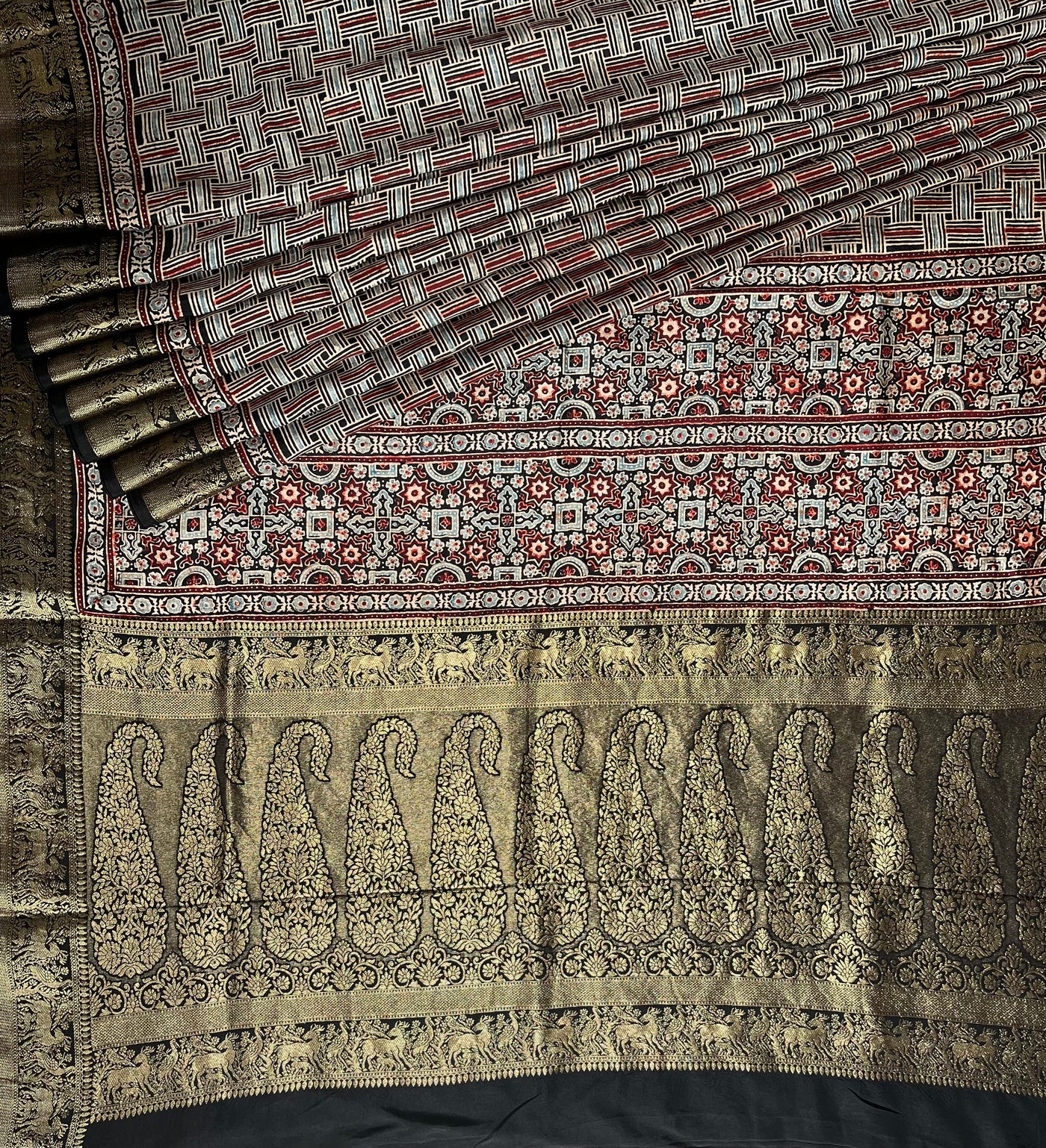 PRACHI:Handblock Ajrakh Dola Silk Saree with Meenakari Pallu