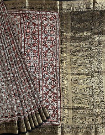 PRACHI:Handblock Ajrakh Dola Silk Saree with Meenakari Pallu