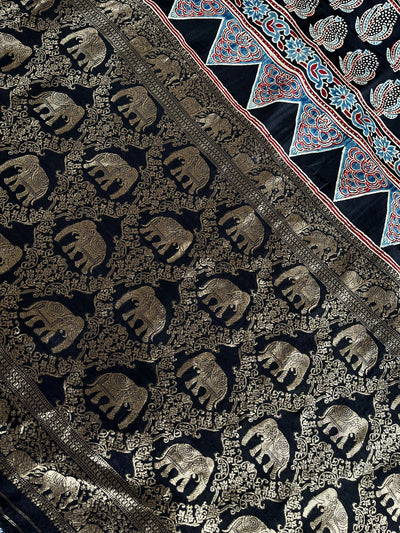 BHOOMI:Handblock Ajrakh Dola Silk Saree with Meenakari Pallu