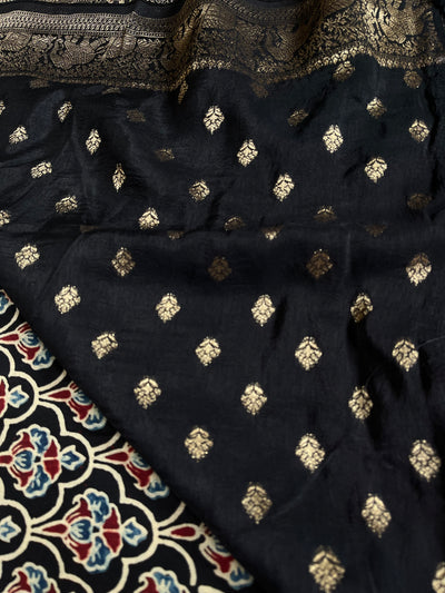 BHOOMI:Handblock Ajrakh Dola Silk Saree with Meenakari Pallu
