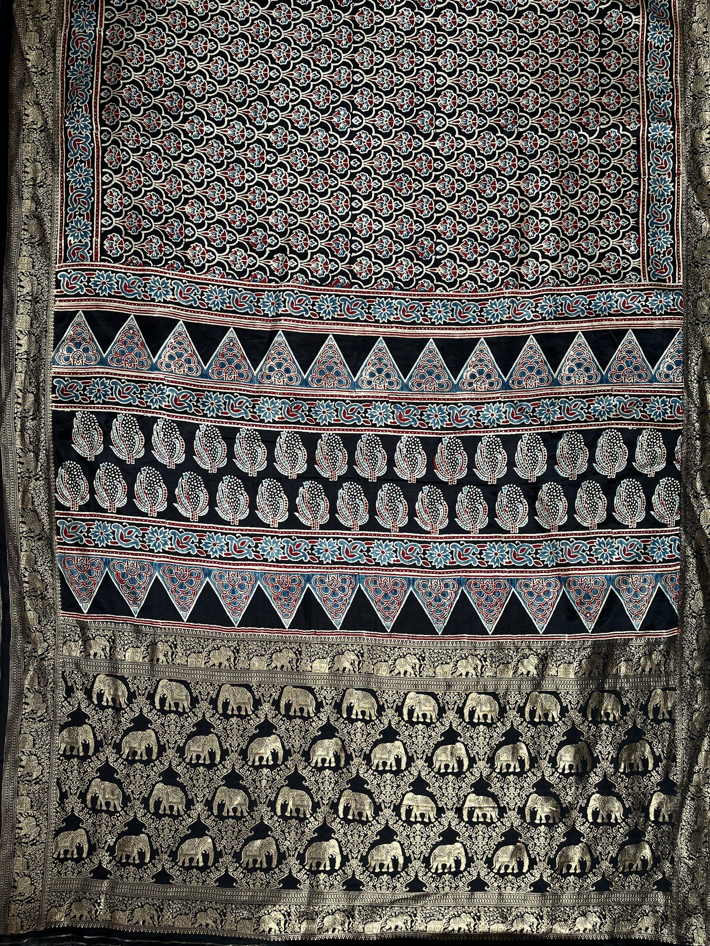 BHOOMI:Handblock Ajrakh Dola Silk Saree with Meenakari Pallu