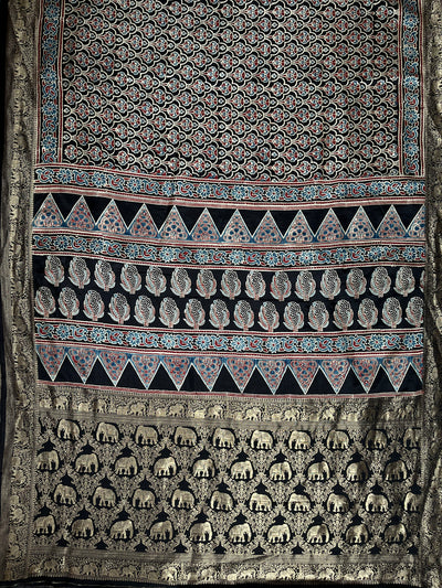BHOOMI:Handblock Ajrakh Dola Silk Saree with Meenakari Pallu