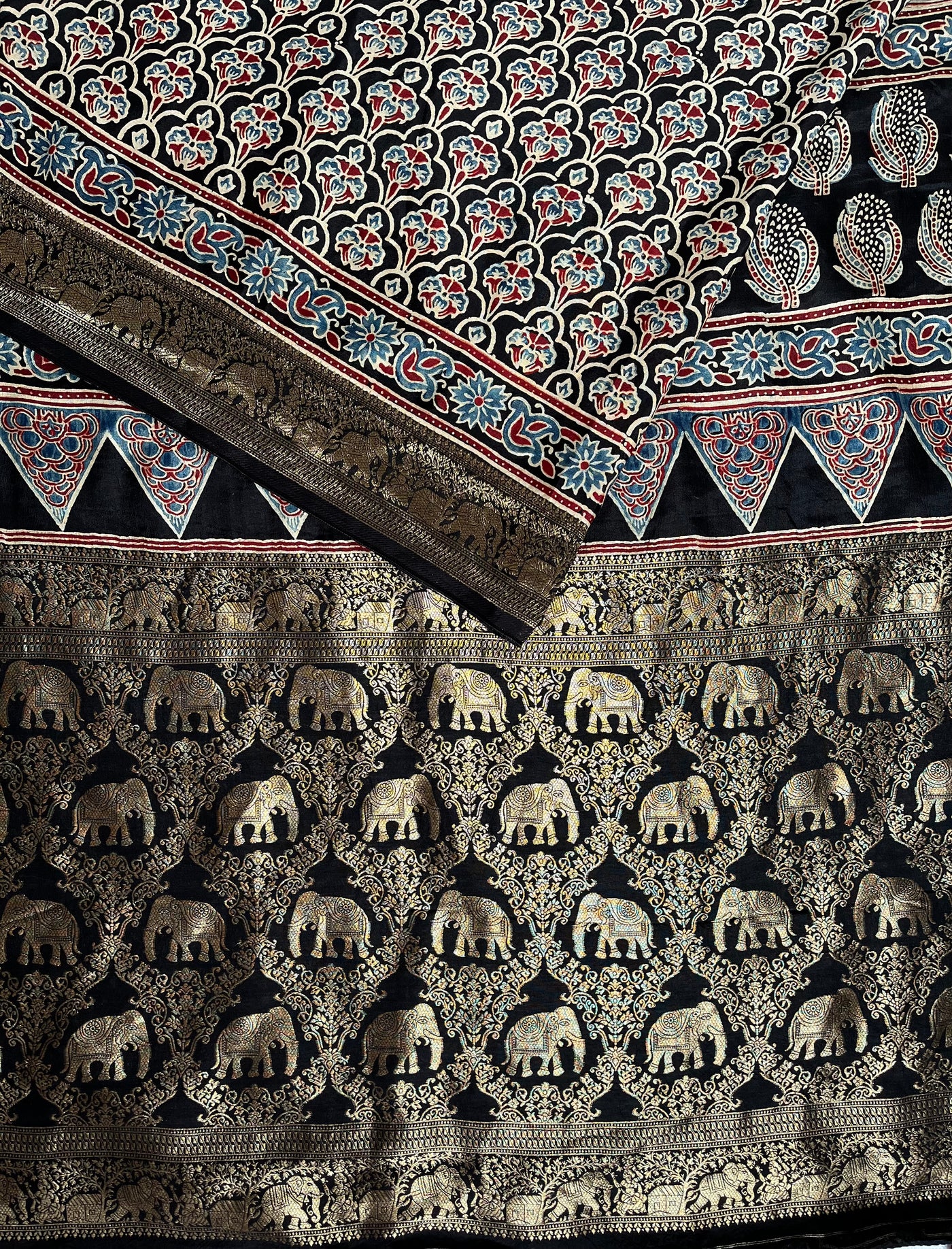 BHOOMI:Handblock Ajrakh Dola Silk Saree with Meenakari Pallu