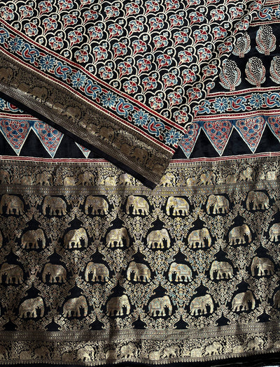 BHOOMI:Handblock Ajrakh Dola Silk Saree with Meenakari Pallu