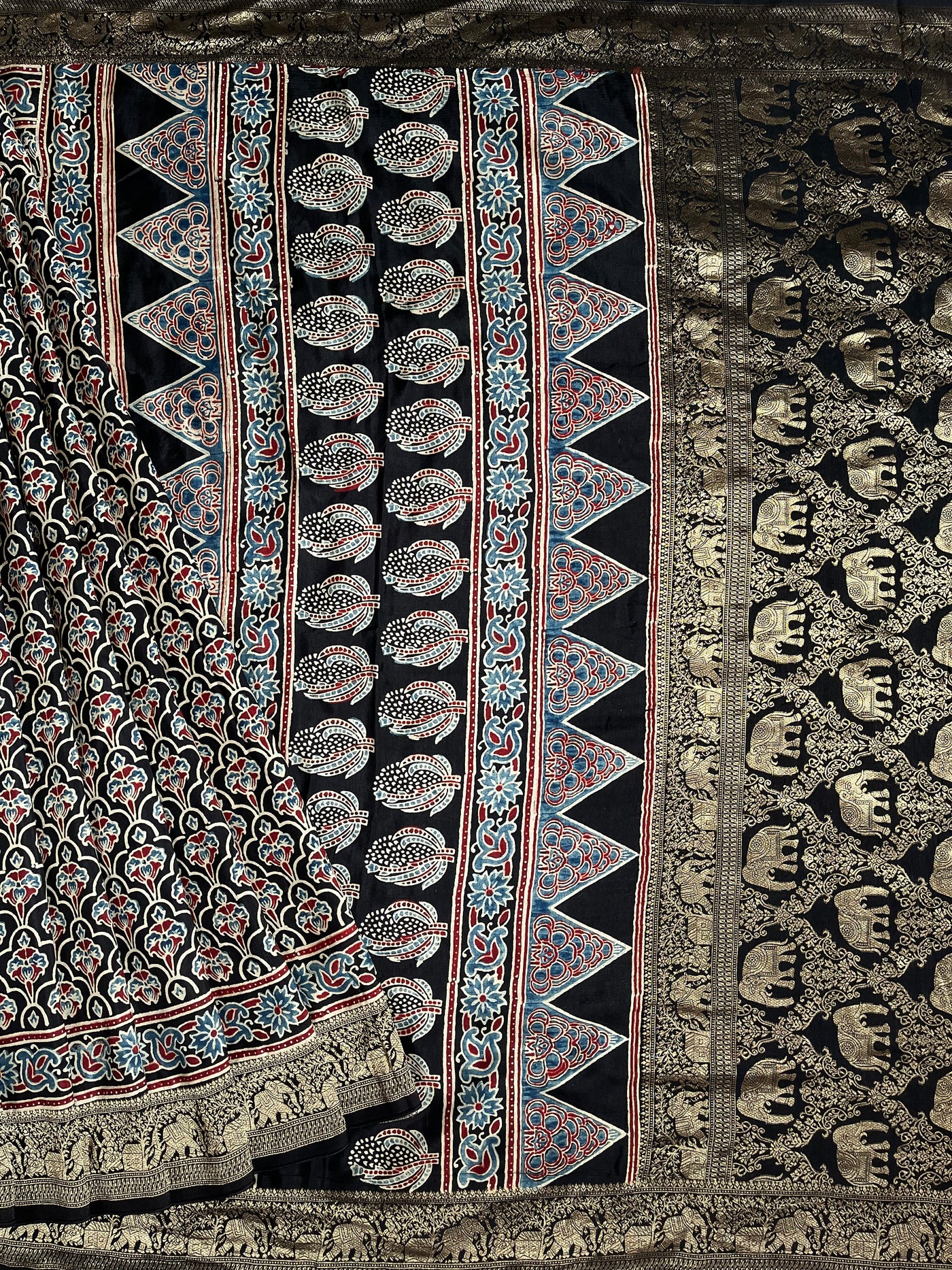 BHOOMI:Handblock Ajrakh Dola Silk Saree with Meenakari Pallu