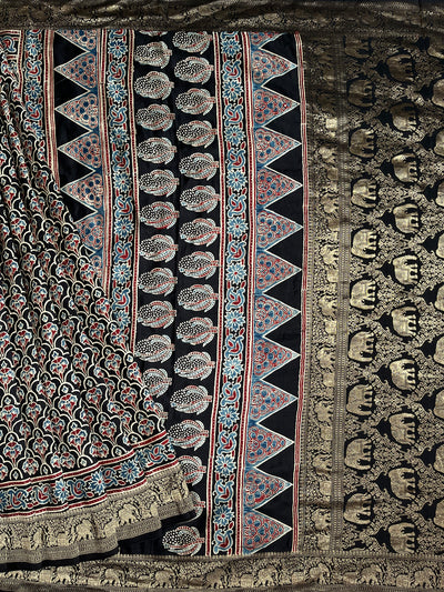 BHOOMI:Handblock Ajrakh Dola Silk Saree with Meenakari Pallu