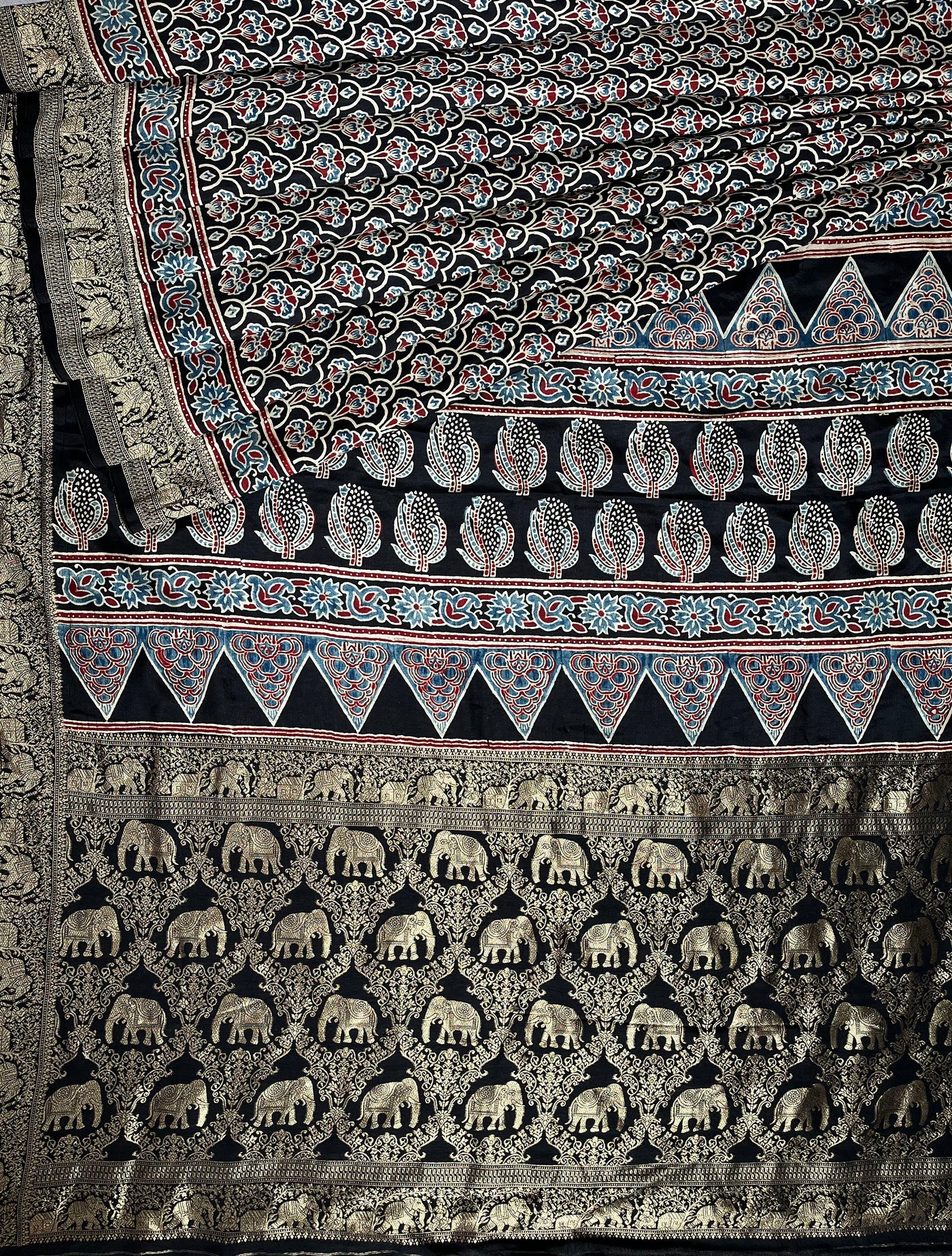 BHOOMI:Handblock Ajrakh Dola Silk Saree with Meenakari Pallu