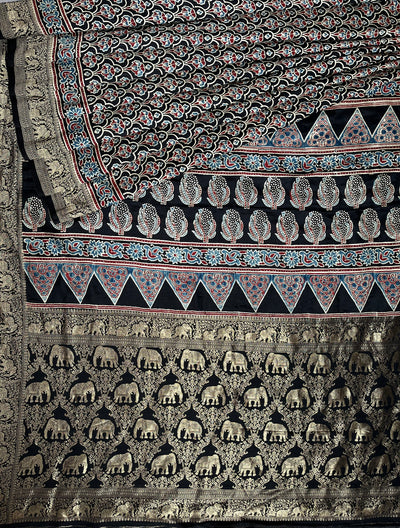 BHOOMI:Handblock Ajrakh Dola Silk Saree with Meenakari Pallu