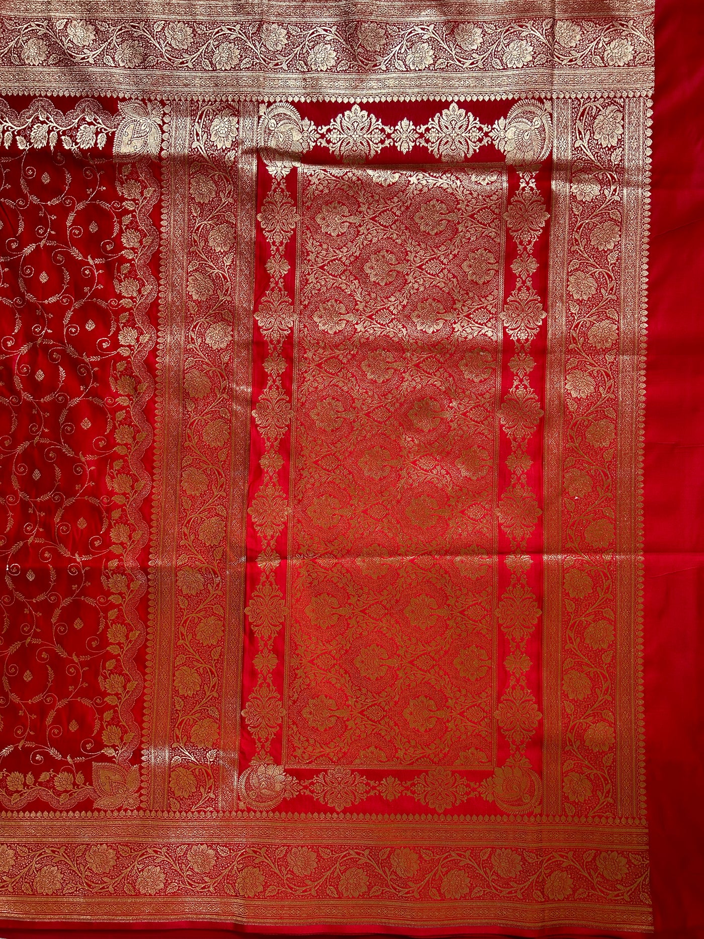 RANGRASIYA : RED, WEDDING WEAR BANARASI KATAN SILK SAREE WITH JAAL WORK.