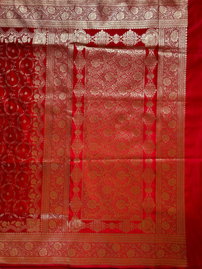 RANGRASIYA : RED, WEDDING WEAR BANARASI KATAN SILK SAREE WITH JAAL WORK.
