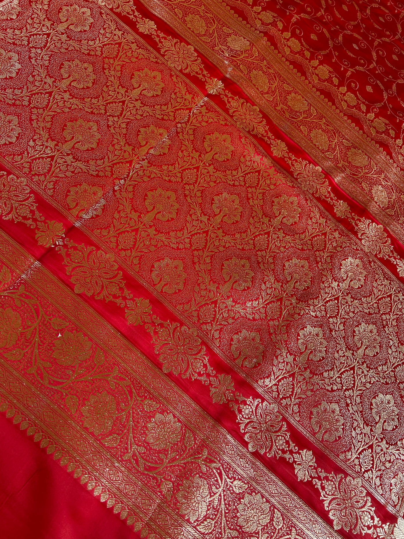RANGRASIYA : RED, WEDDING WEAR BANARASI KATAN SILK SAREE WITH JAAL WORK.