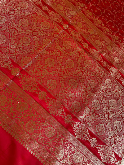 RANGRASIYA : RED, WEDDING WEAR BANARASI KATAN SILK SAREE WITH JAAL WORK.