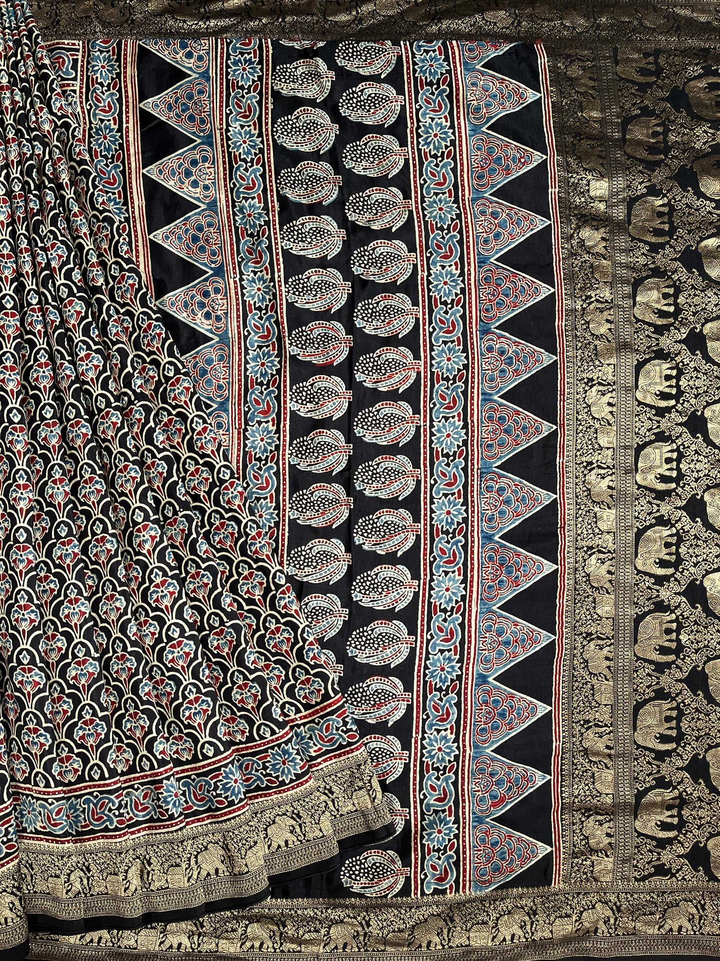BHOOMI:Handblock Ajrakh Dola Silk Saree with Meenakari Pallu