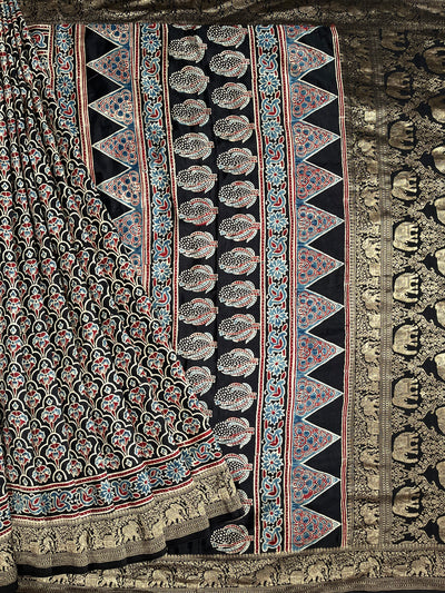 BHOOMI:Handblock Ajrakh Dola Silk Saree with Meenakari Pallu