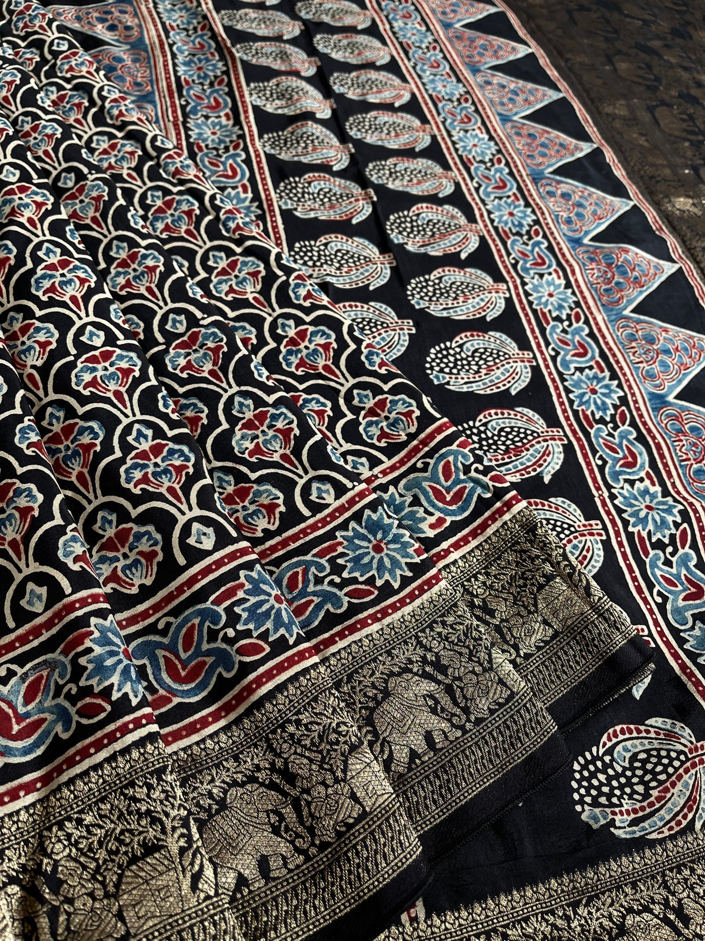 BHOOMI:Handblock Ajrakh Dola Silk Saree with Meenakari Pallu