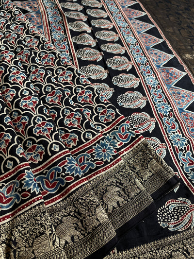 BHOOMI:Handblock Ajrakh Dola Silk Saree with Meenakari Pallu