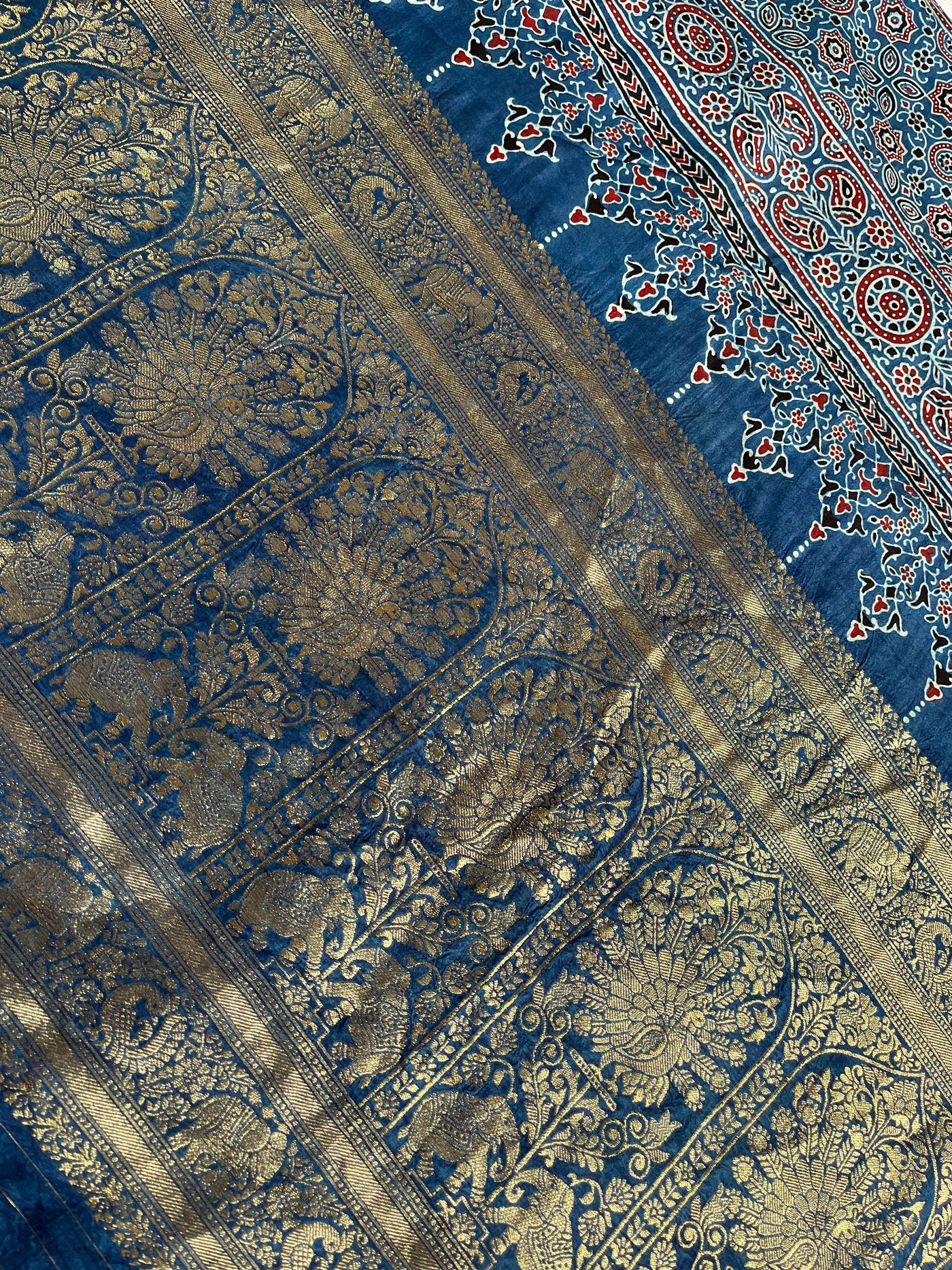 KAMLEYA:Handblock Ajrakh Dola Silk Saree with Meenakari Pallu