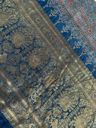KAMLEYA:Handblock Ajrakh Dola Silk Saree with Meenakari Pallu