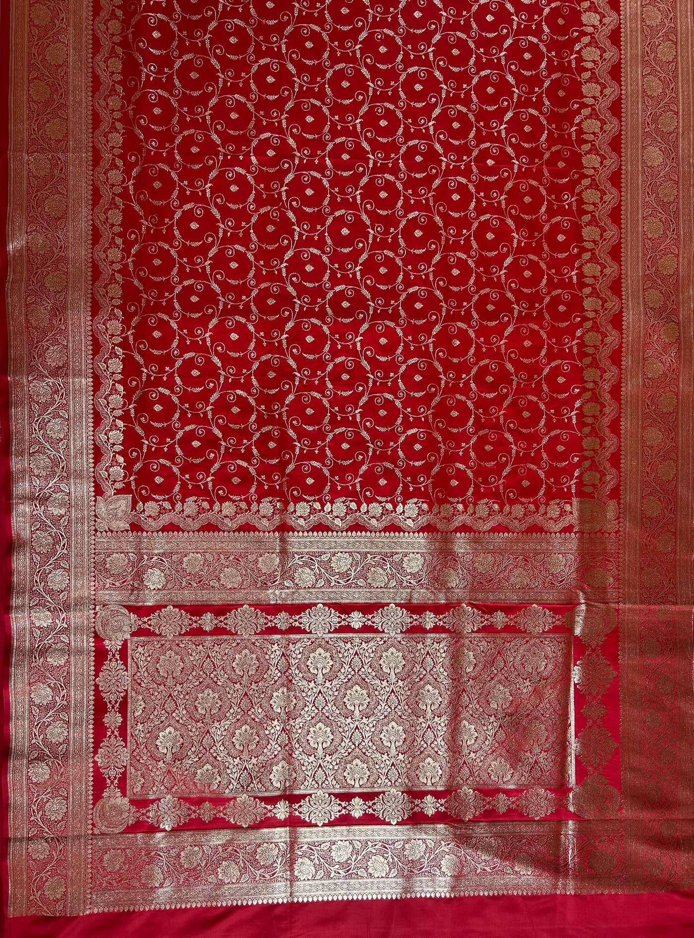 RANGRASIYA : RED, WEDDING WEAR BANARASI KATAN SILK SAREE WITH JAAL WORK.