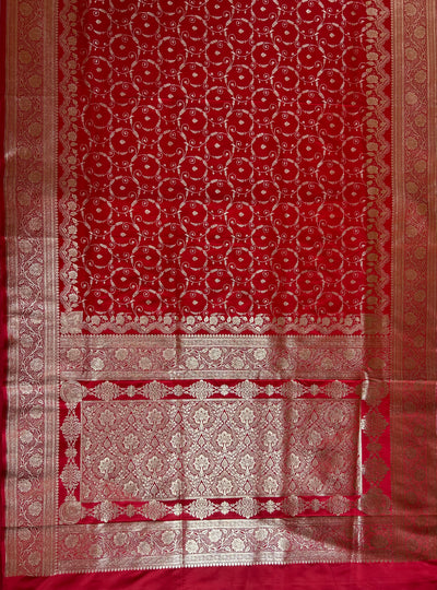 RANGRASIYA : RED, WEDDING WEAR BANARASI KATAN SILK SAREE WITH JAAL WORK.