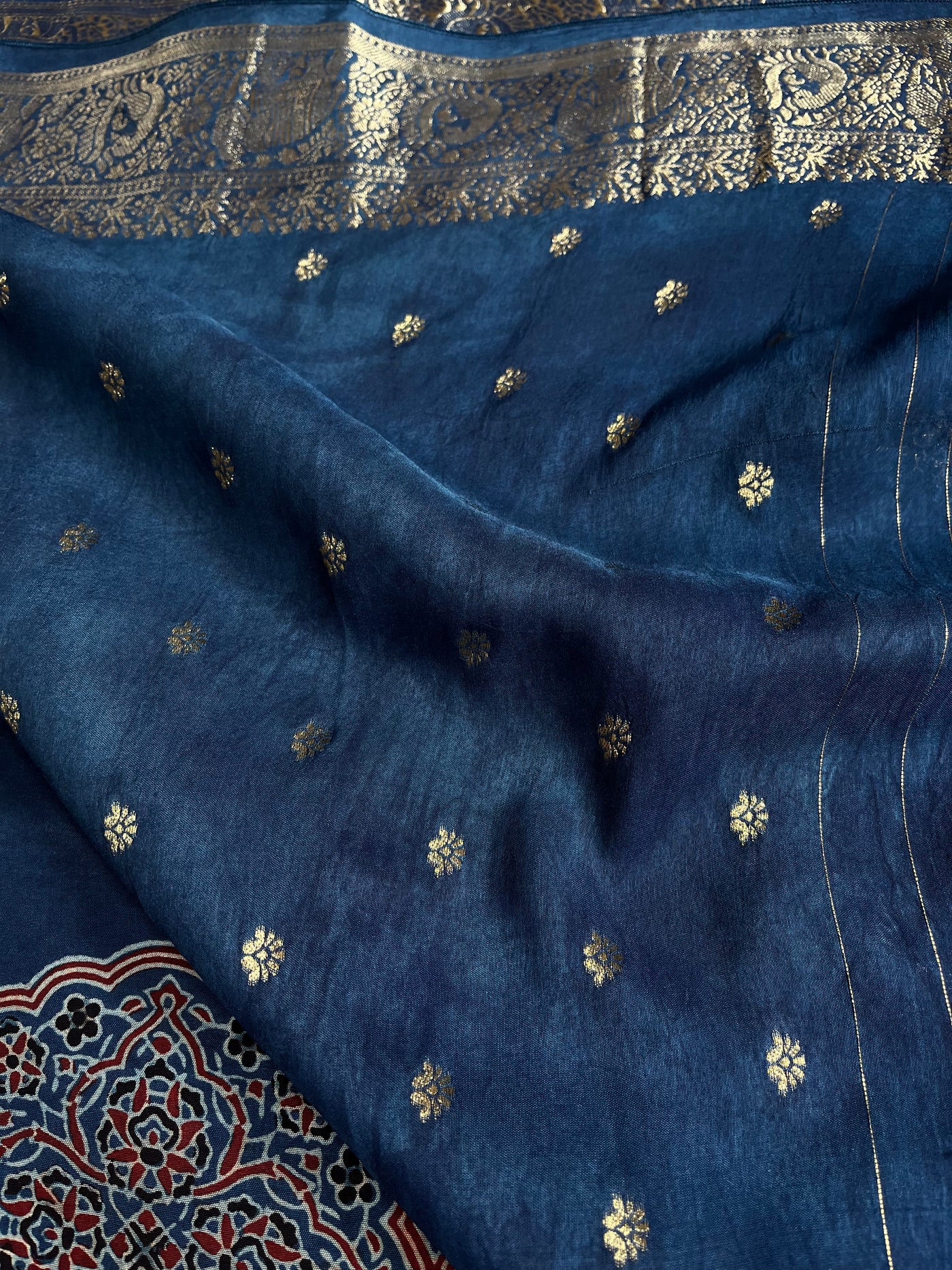 KAMLEYA:Handblock Ajrakh Dola Silk Saree with Meenakari Pallu