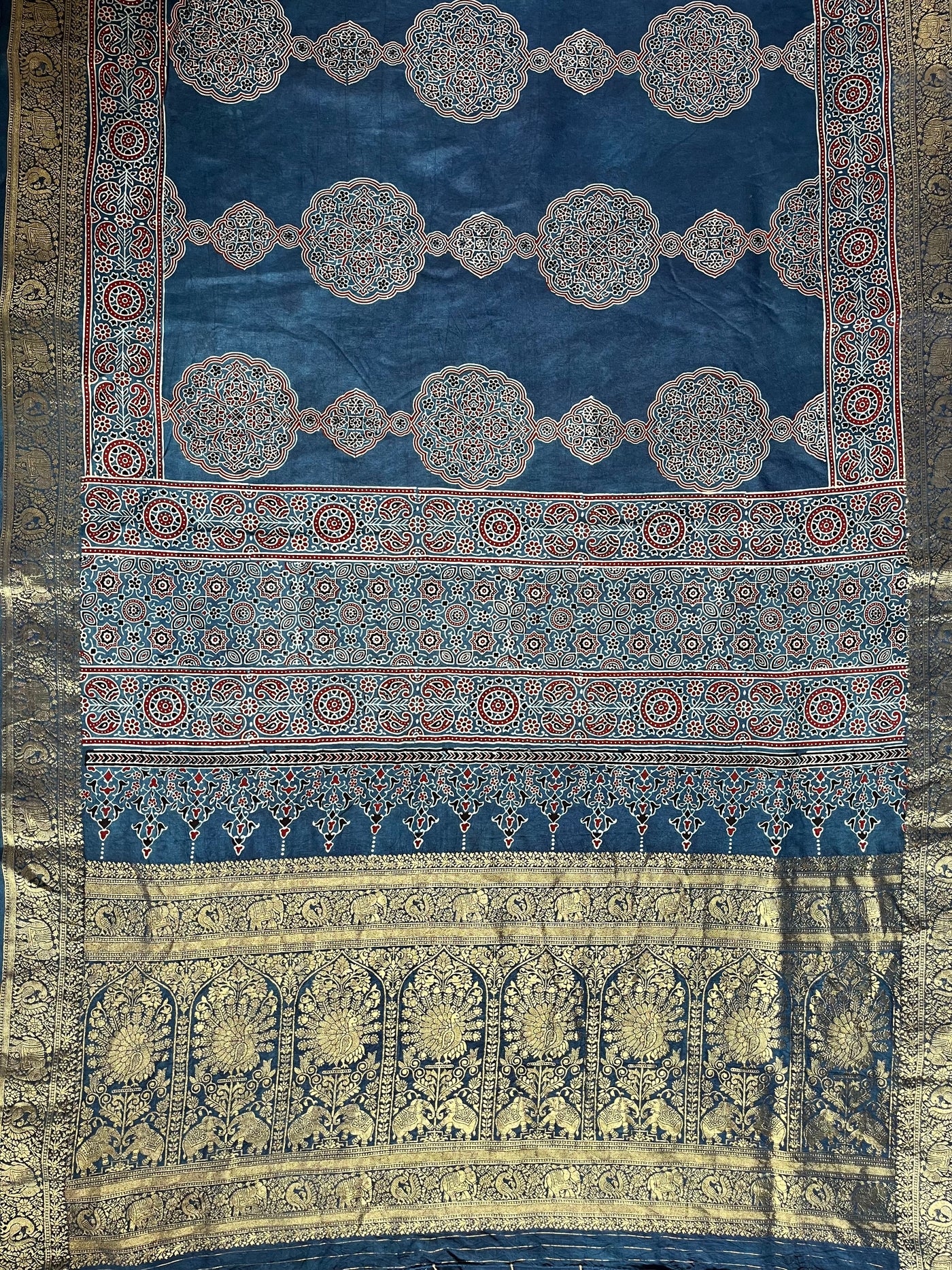 KAMLEYA:Handblock Ajrakh Dola Silk Saree with Meenakari Pallu