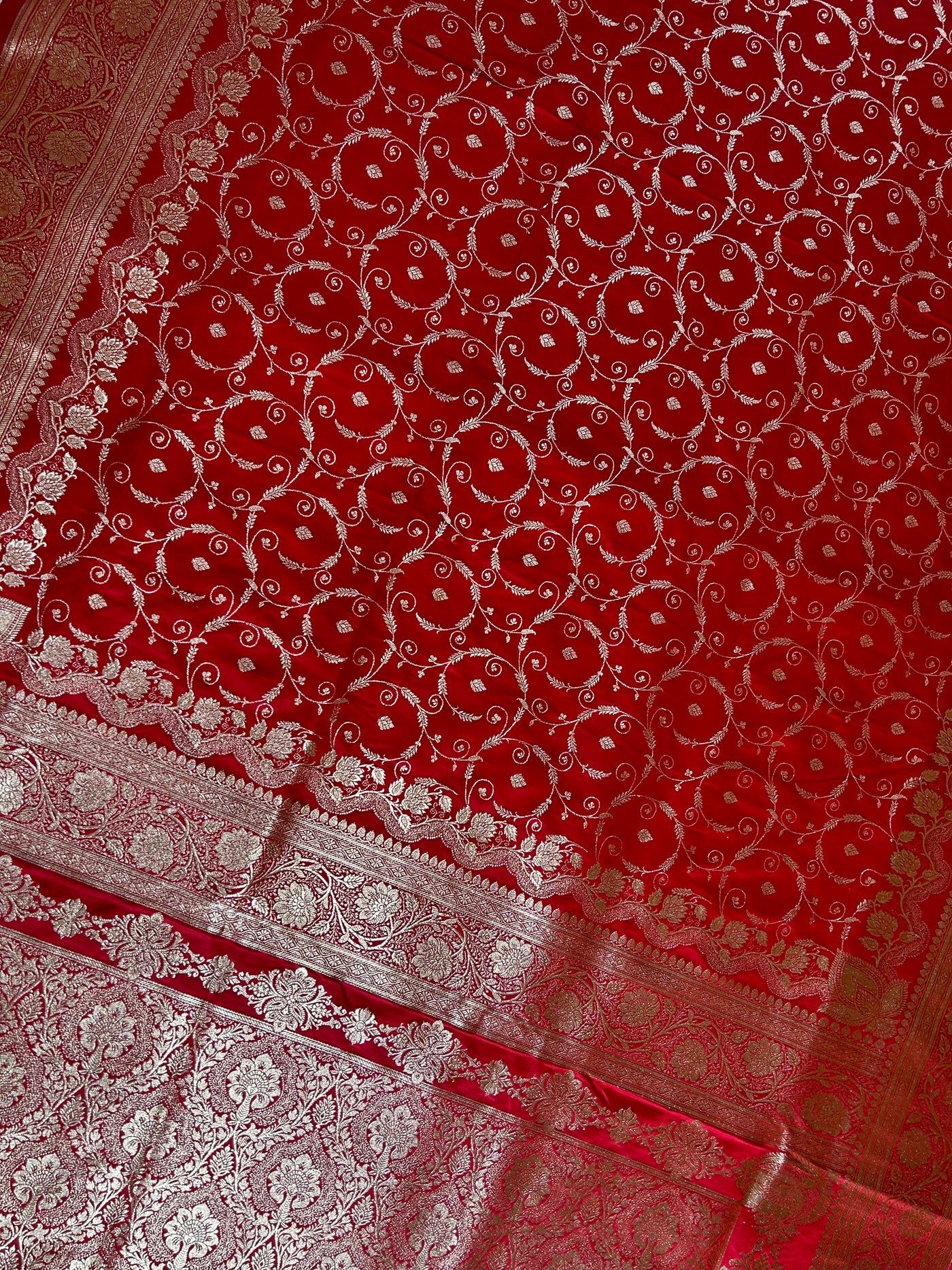RANGRASIYA : RED, WEDDING WEAR BANARASI KATAN SILK SAREE WITH JAAL WORK.