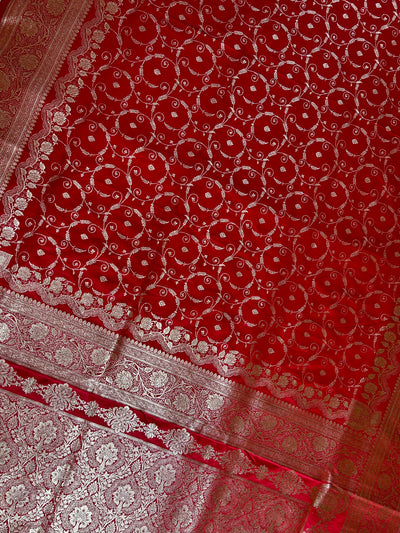 RANGRASIYA : RED, WEDDING WEAR BANARASI KATAN SILK SAREE WITH JAAL WORK.