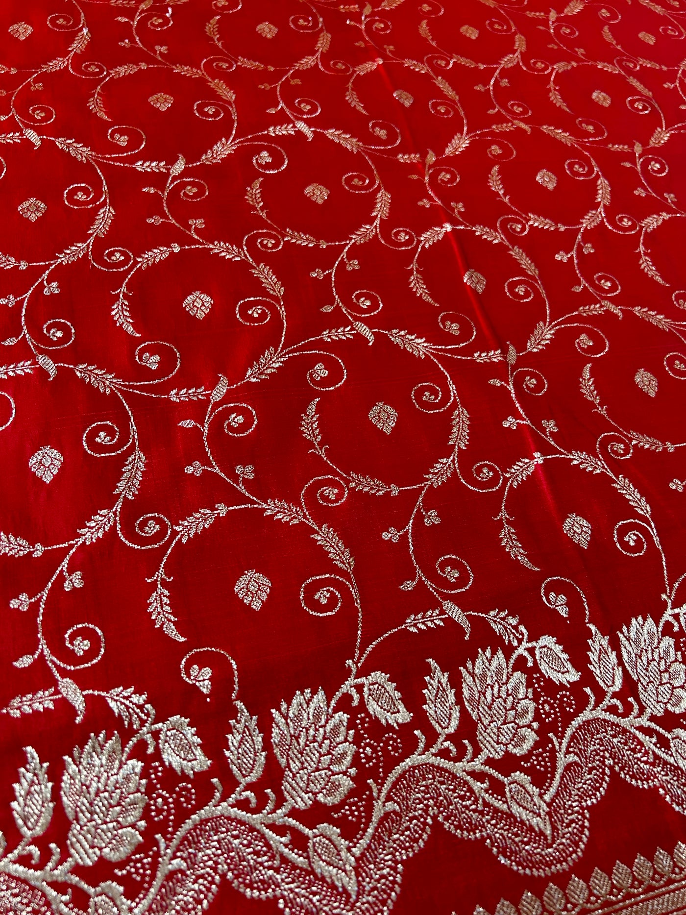 RANGRASIYA : RED, WEDDING WEAR BANARASI KATAN SILK SAREE WITH JAAL WORK.