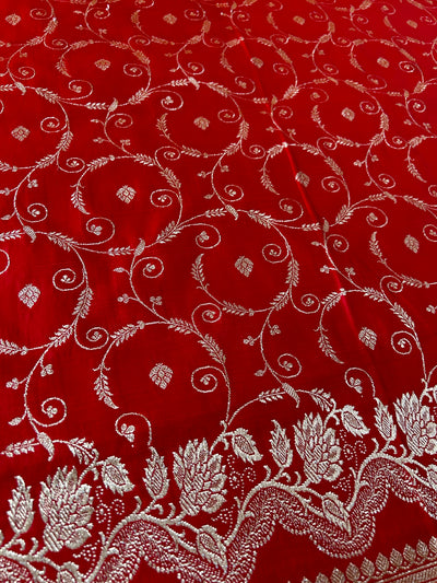 RANGRASIYA : RED, WEDDING WEAR BANARASI KATAN SILK SAREE WITH JAAL WORK.