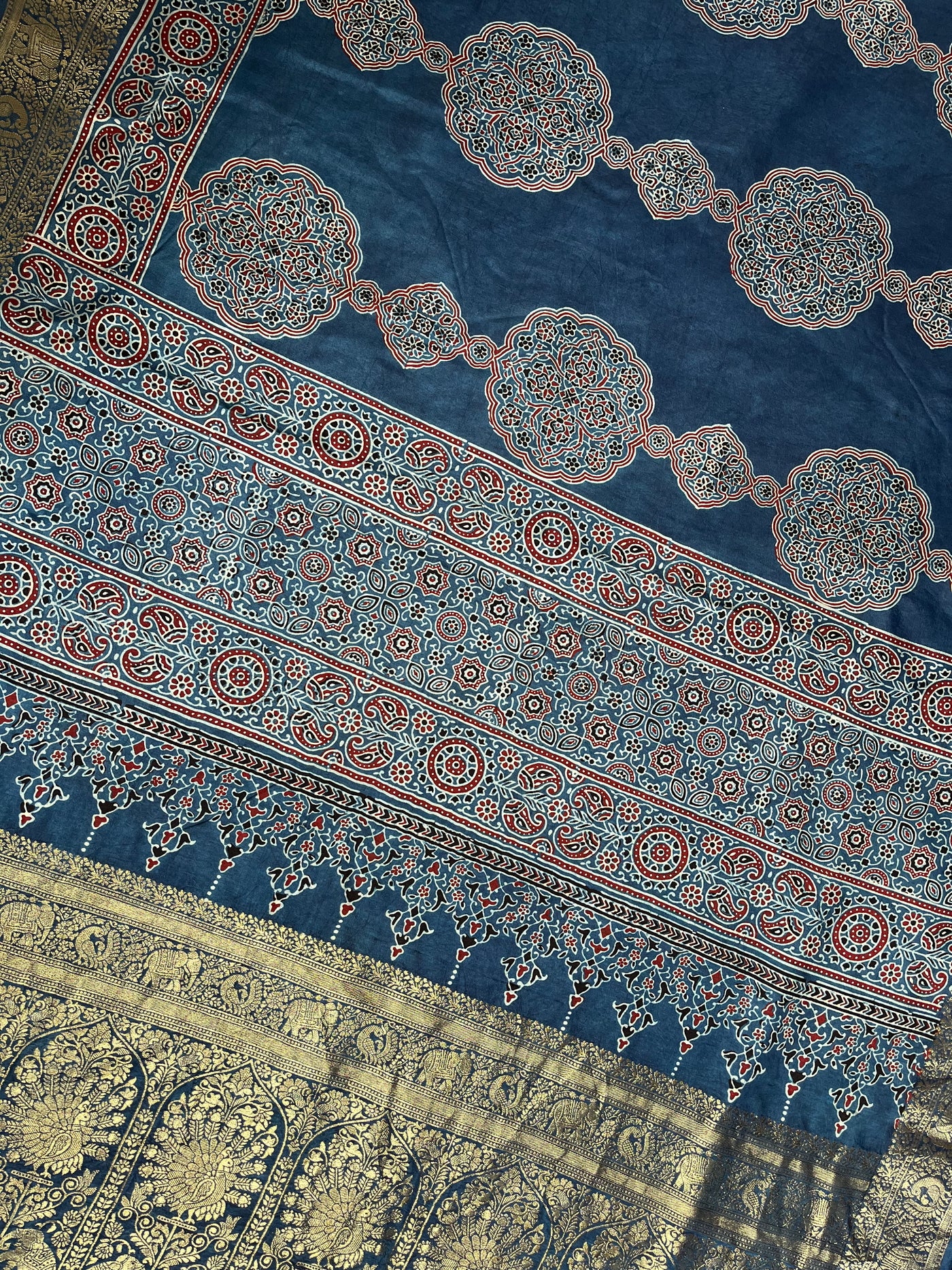 KAMLEYA:Handblock Ajrakh Dola Silk Saree with Meenakari Pallu