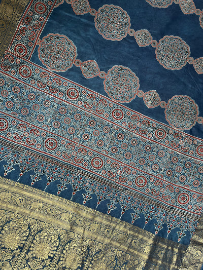 KAMLEYA:Handblock Ajrakh Dola Silk Saree with Meenakari Pallu