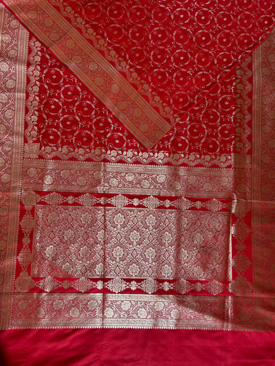 RANGRASIYA : RED, WEDDING WEAR BANARASI KATAN SILK SAREE WITH JAAL WORK.