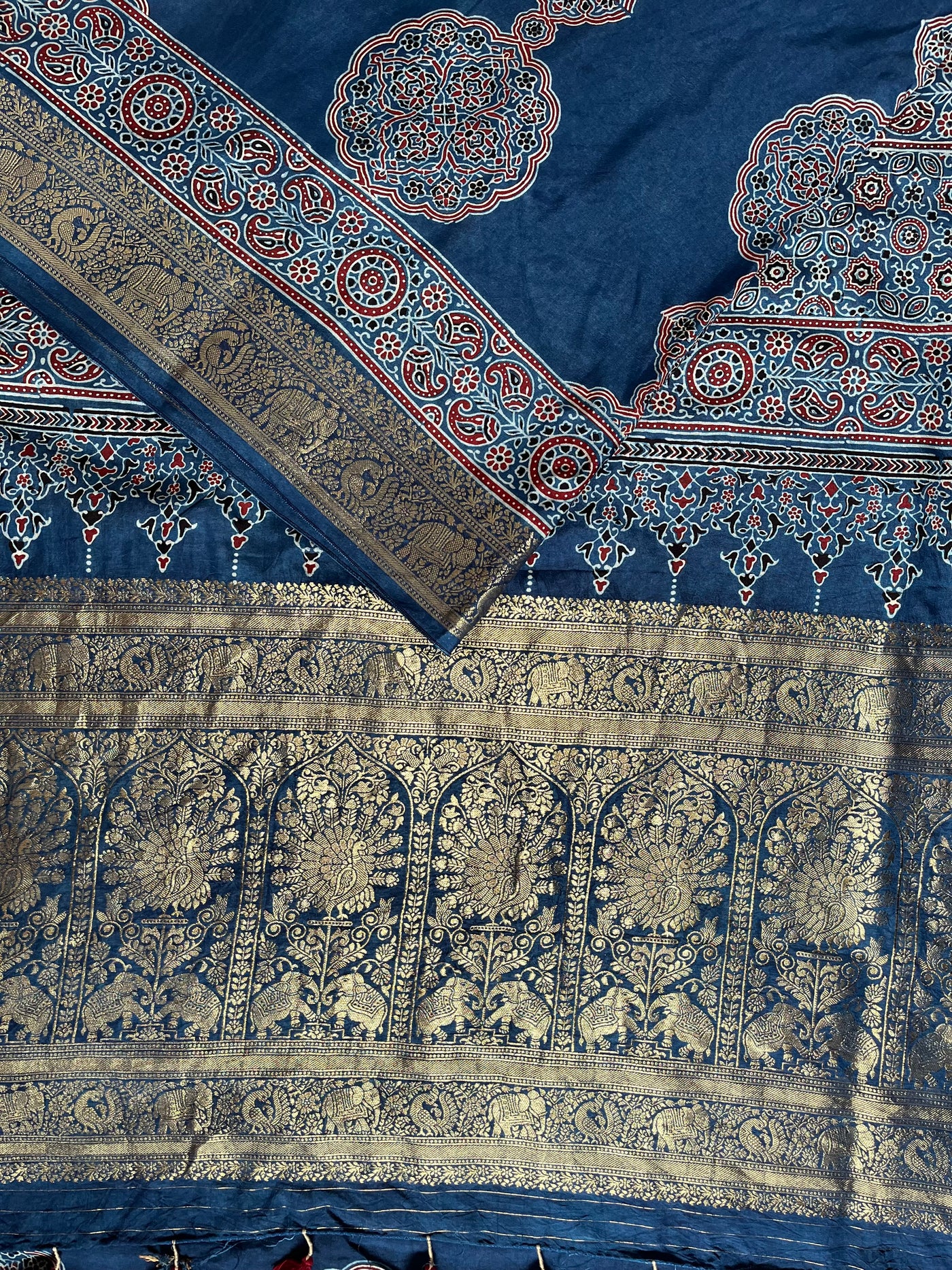 KAMLEYA:Handblock Ajrakh Dola Silk Saree with Meenakari Pallu