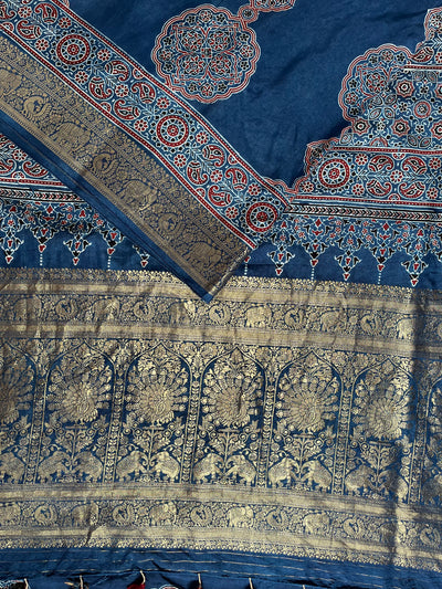 KAMLEYA:Handblock Ajrakh Dola Silk Saree with Meenakari Pallu