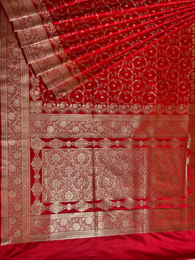 RANGRASIYA : RED, WEDDING WEAR BANARASI KATAN SILK SAREE WITH JAAL WORK.