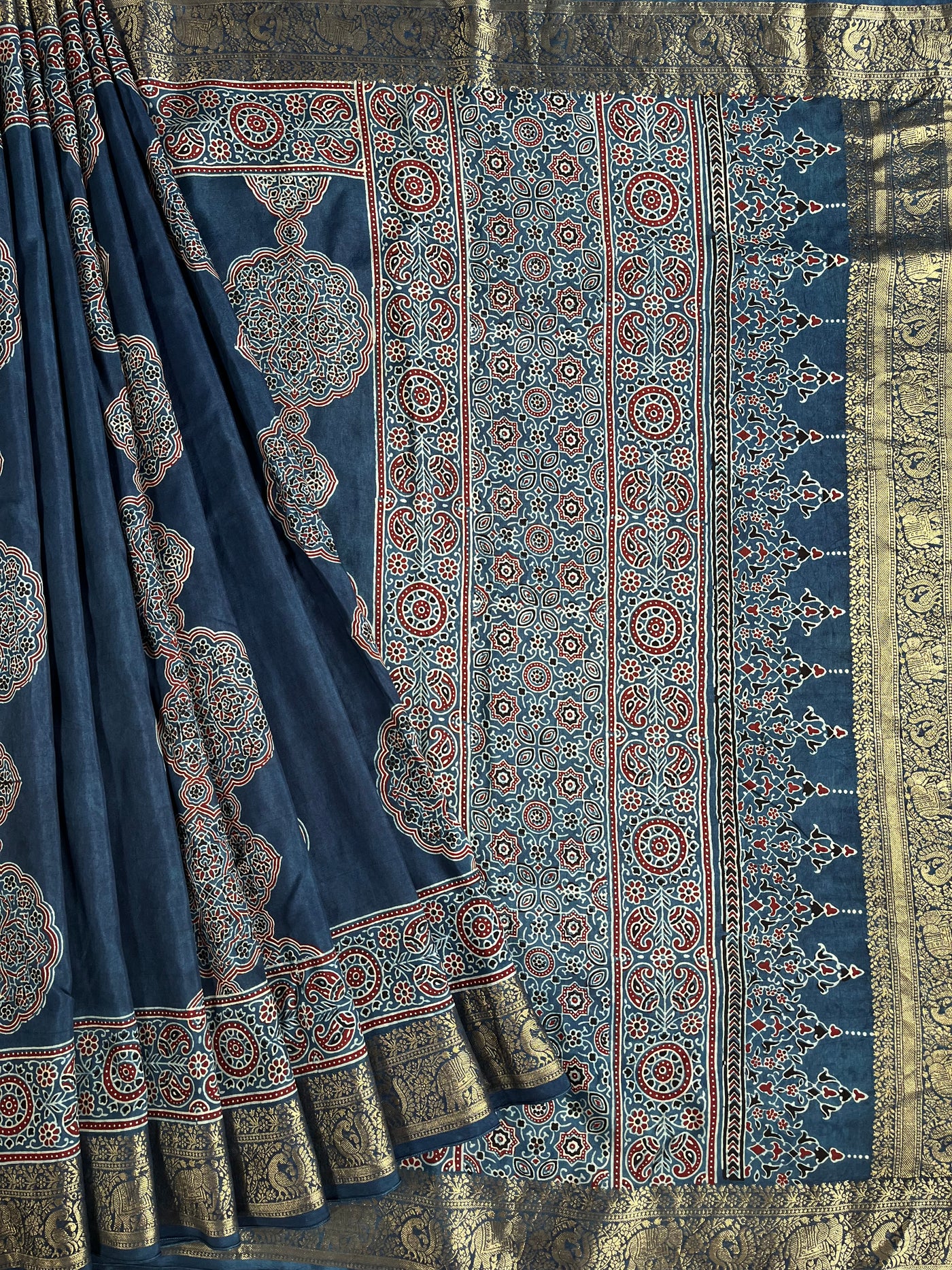 KAMLEYA:Handblock Ajrakh Dola Silk Saree with Meenakari Pallu