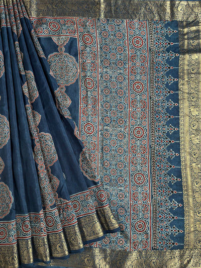 KAMLEYA:Handblock Ajrakh Dola Silk Saree with Meenakari Pallu