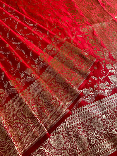 RANGRASIYA : RED, WEDDING WEAR BANARASI KATAN SILK SAREE WITH JAAL WORK.