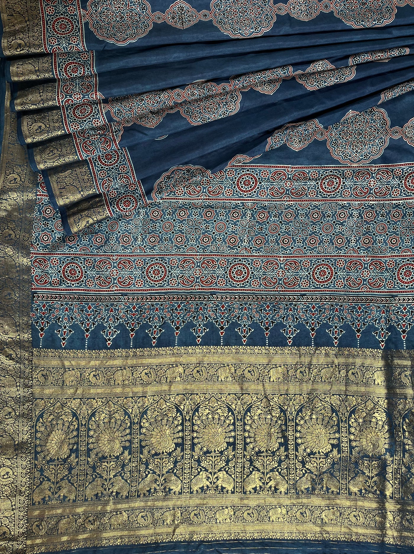 KAMLEYA:Handblock Ajrakh Dola Silk Saree with Meenakari Pallu
