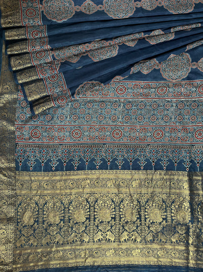 KAMLEYA:Handblock Ajrakh Dola Silk Saree with Meenakari Pallu