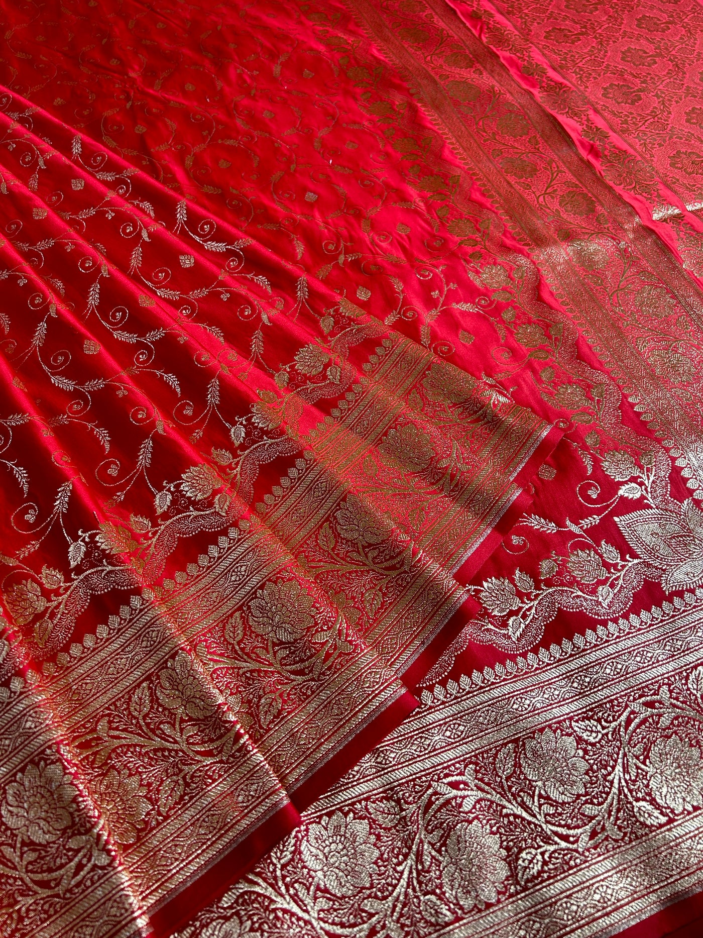 RANGRASIYA : RED, WEDDING WEAR BANARASI KATAN SILK SAREE WITH JAAL WORK.