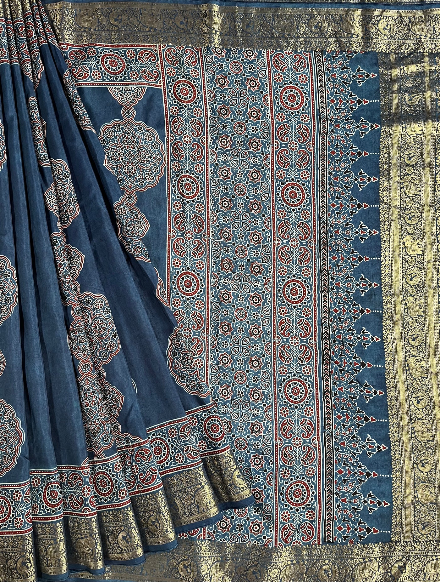 KAMLEYA:Handblock Ajrakh Dola Silk Saree with Meenakari Pallu