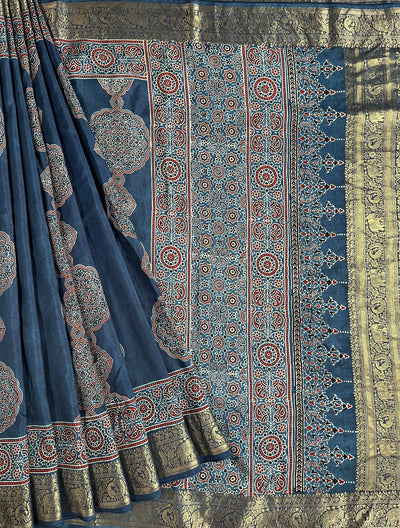 KAMLEYA:Handblock Ajrakh Dola Silk Saree with Meenakari Pallu