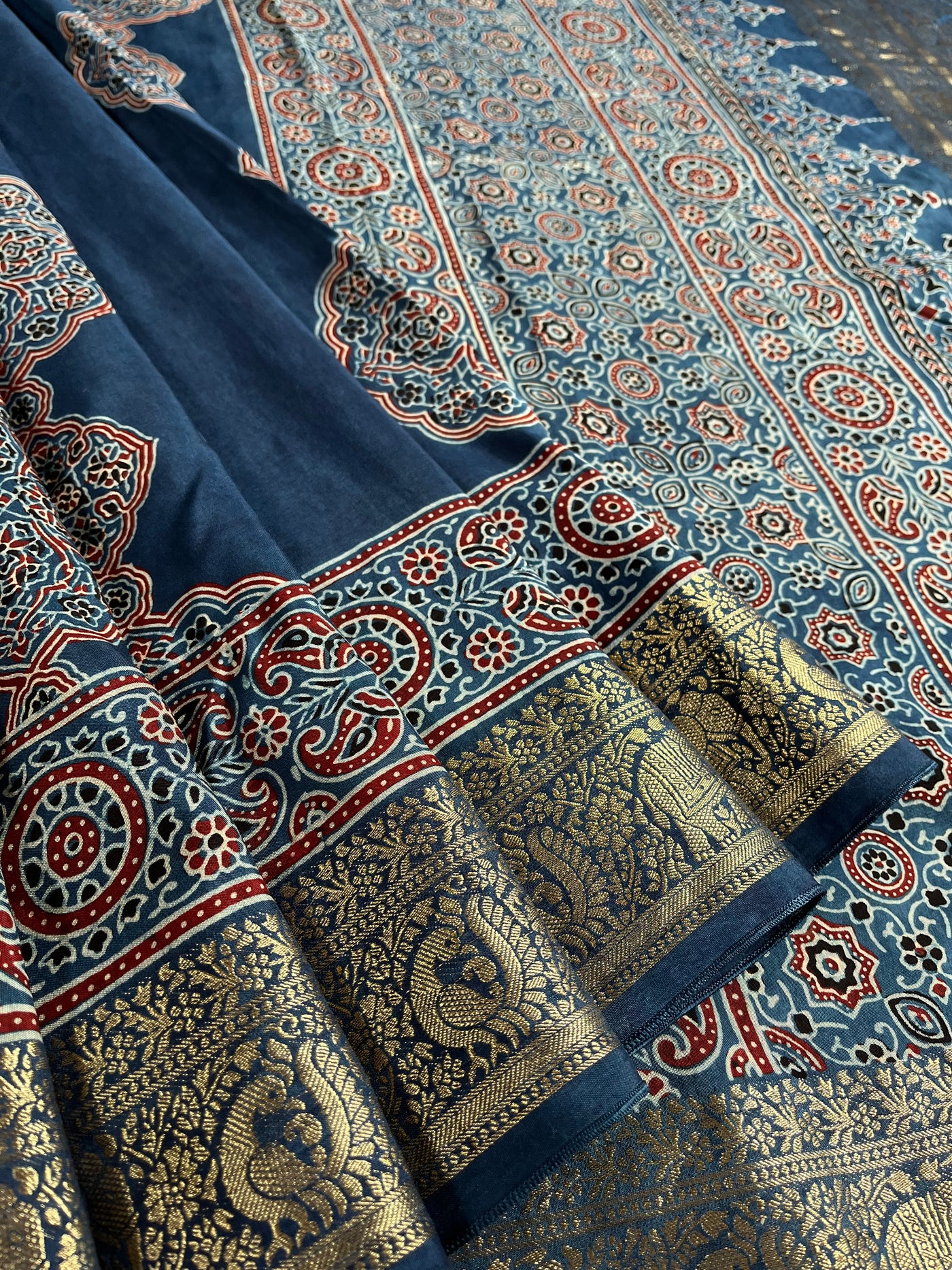 KAMLEYA:Handblock Ajrakh Dola Silk Saree with Meenakari Pallu