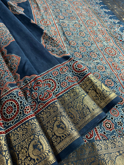 KAMLEYA:Handblock Ajrakh Dola Silk Saree with Meenakari Pallu